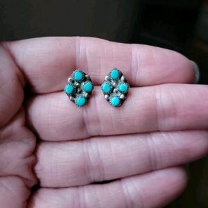 Vintage Native American Sterling Silver Petit Point Turquoise Post Earrings